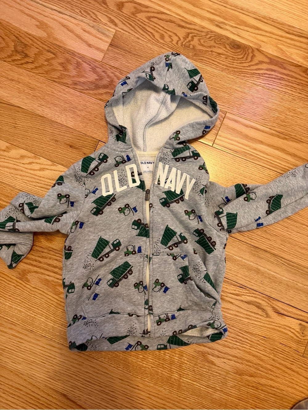 Old Navy Gray Hooded Zip-Up Sweatshirt with Green and Blue Truck Print